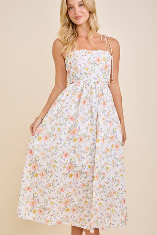 Scallop Edge Tie Shoulder Midi Dress