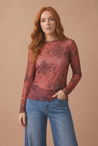 Floral Mesh High Neck Frilled Hem Top