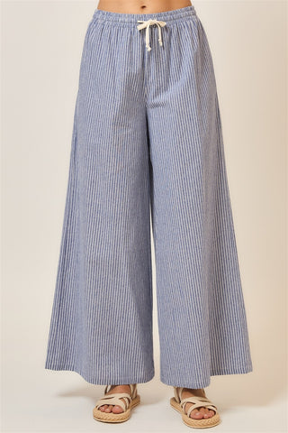 Curvy Pinstripe Wide Leg Pants W/Drawstring