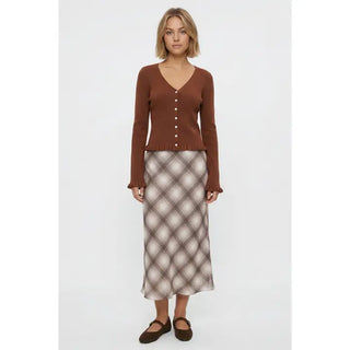 Plaid Chiffon Midi Skirt in Taupe/Choco Plaid