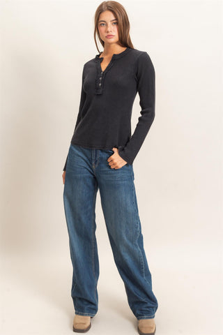 Mineral Wash Waffle Henley Long Sleeve Top
