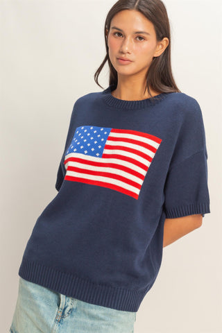 Navy American Flag Knit Top