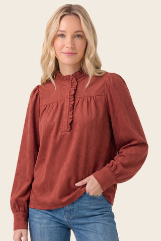 Frilled Half Button Neck Suede Blouse