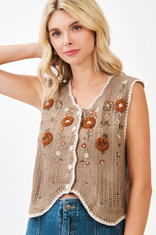 Floral Embroidery Crocheted Vest