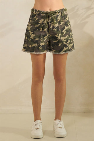 Camo Printed Denim Shorts w/Drawcord
