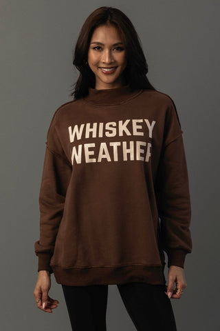 Reversible Whiskey Weather & Bourbon Weather Sweatshirt in Brown — Whiskey Weather side, cream block lettering