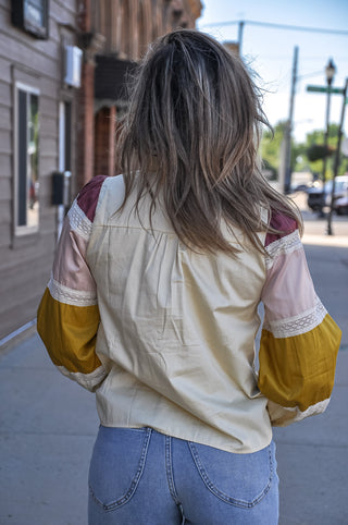Lace Trim Color Block Button Up Top