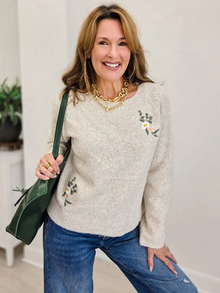 Cozy Co. Floral Embr Dual Knit Sweater
