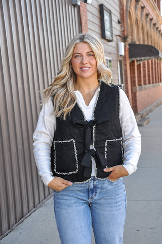 Quilted Fringe Trim Button Up Vest