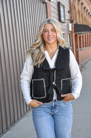 Quilted Fringe Trim Button Up Vest