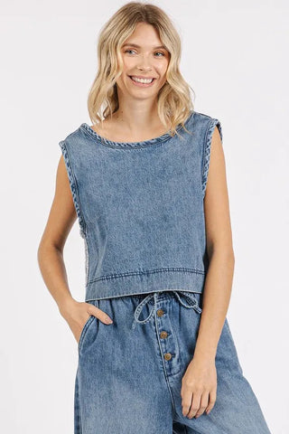Washed Denim Seam Detail Sleeveless Top