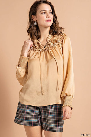 Taupe Ruffle Yoke Tie Neck Top | JQ Clothing Co.