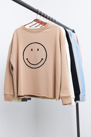 Smiley Stitched Cut Hem Crewneck