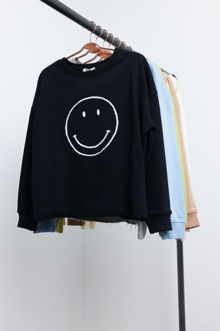 Smiley Stitched Cut Hem Crewneck