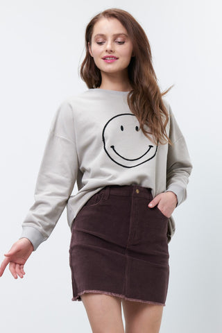 Smiley Stitched Cut Hem Crewneck