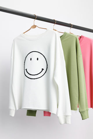 Smiley Stitched Cut Hem Crewneck