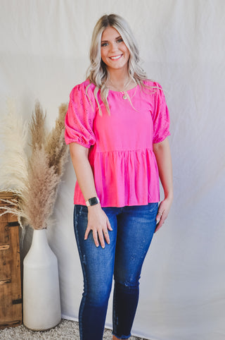 Bubble Sleeve Bright Top Pink/Blue | JQ Clothing Co.