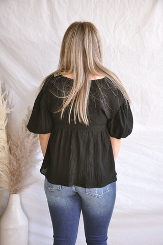 Aztec Detail V-Neck Black Blouse | JQ Clothing Co.