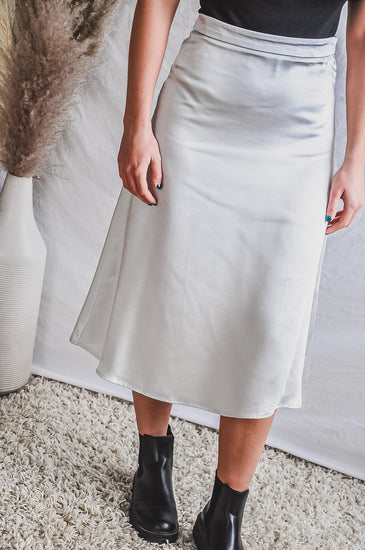 Silver Satin Midi-Length Skirt | JQ Clothing Co.