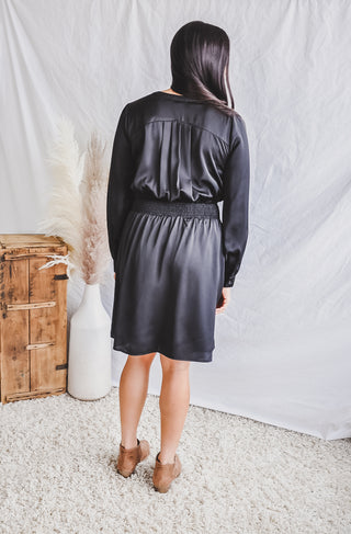 Smocked Waist Black V-neck Dress | JQ Clothing Co.