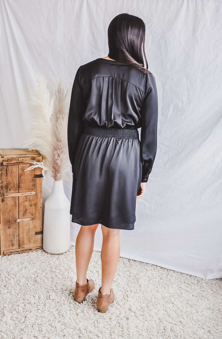 Smocked Waist Black V-neck Dress | JQ Clothing Co.