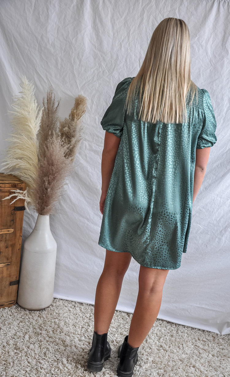 Dusty Teal Satin Leopard Dress | JQ Clothing Co.