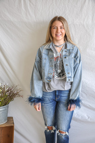 Feather Trim Basic Denim Jacket | JQ Clothing Co.