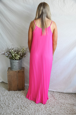 Hot Pink Pleated V-Neck Maxi Dress