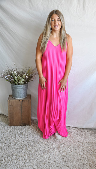 Hot Pink Pleated V-Neck Maxi Dress