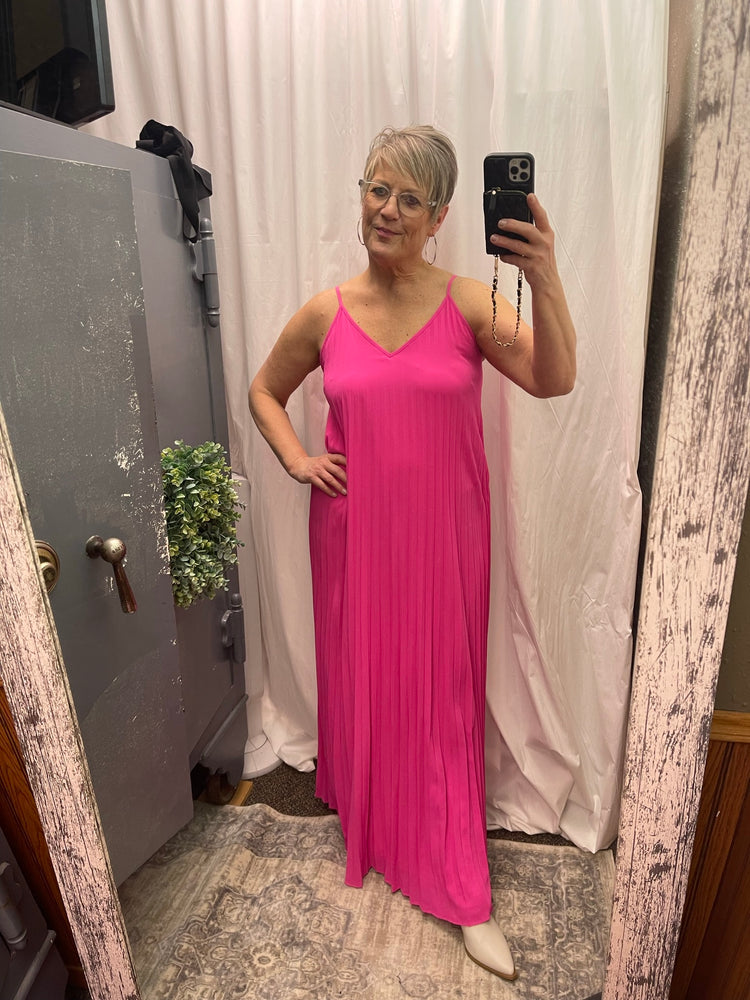 Hot Pink Pleated V-Neck Maxi Dress