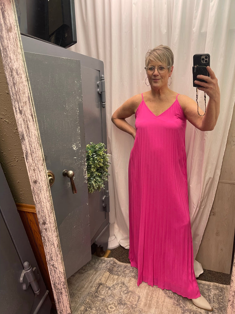 Hot Pink Pleated V-Neck Maxi Dress
