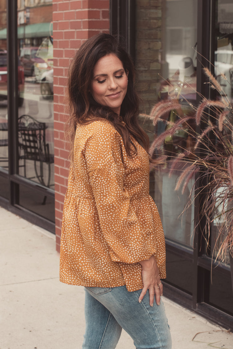 Spotted In Mustard Blouse | JQ Clothing Co.