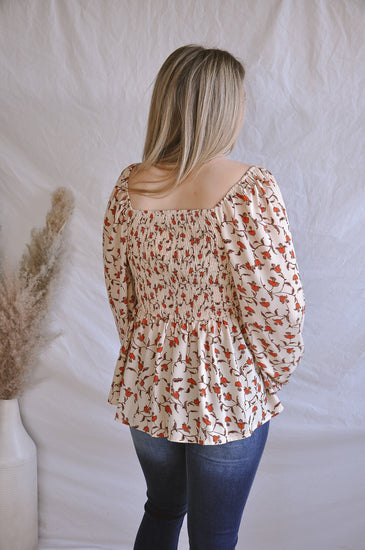Ivory Floral Smocked Long Sleeve Top | JQ Clothing Co.
