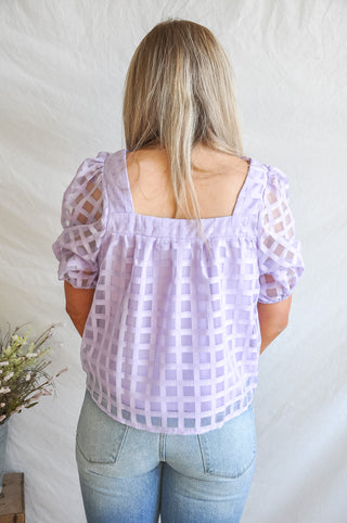 Lavender Grid Puff Sleeve Blouse