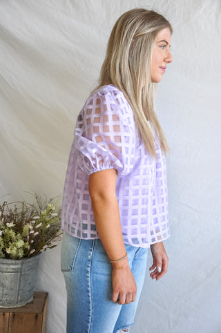 Lavender Grid Puff Sleeve Blouse