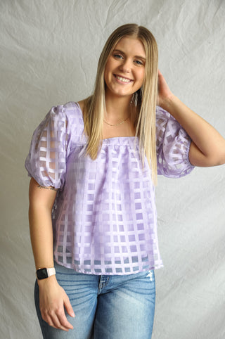 Lavender Grid Puff Sleeve Blouse