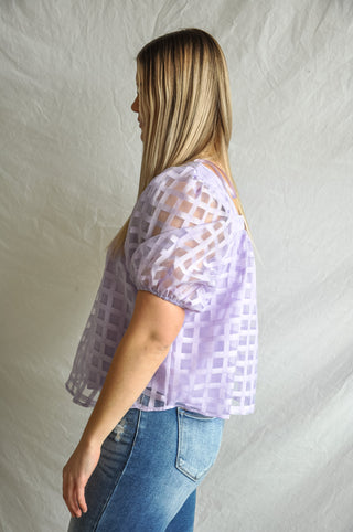 Lavender Grid Puff Sleeve Blouse