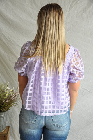 Lavender Grid Puff Sleeve Blouse