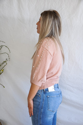 Oatmeal Pearl Beaded 1/2 Sleeve Top | JQ Clothing Co.