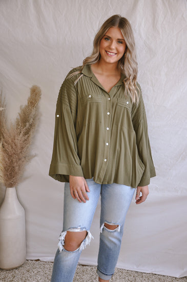 The Pretty Pintuck Olive Blouse | JQ Clothing Co.