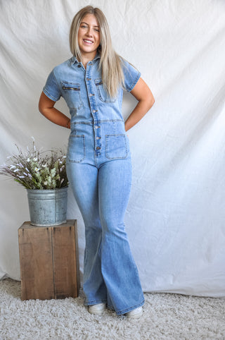 Ride Away Short Sleeve Denim Jumpsuit