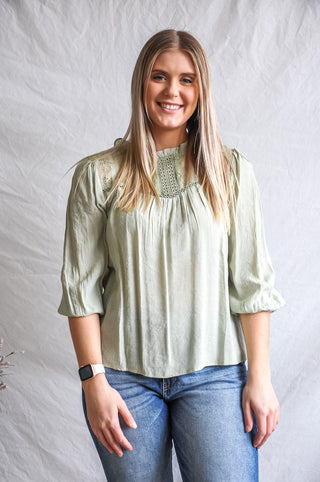 Sage Less Lace Yoke High Neck Top