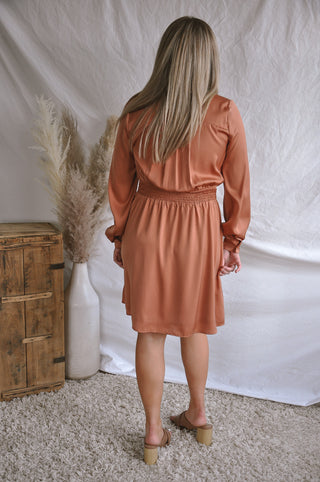 Smocked Waist Satin Long Sleeve Dress | JQ Clothing Co.