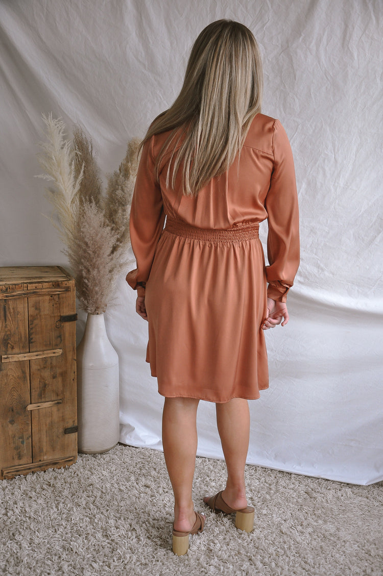 Smocked Waist Satin Long Sleeve Dress | JQ Clothing Co.