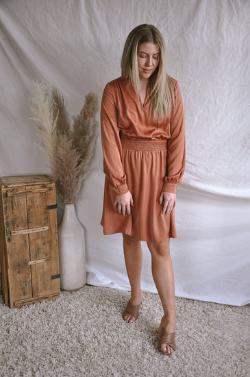 Smocked Waist Satin Long Sleeve Dress | JQ Clothing Co.